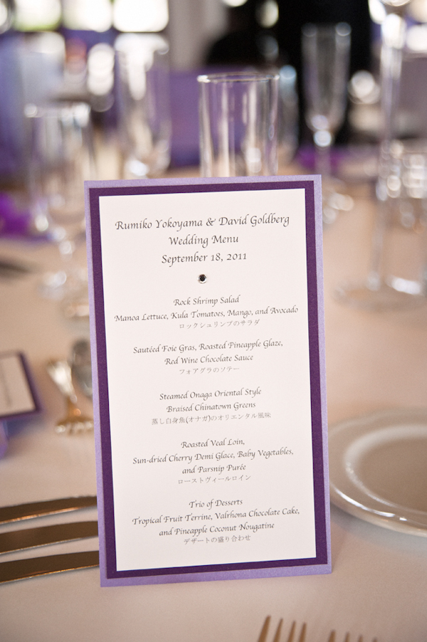 lavender and purple wedding menu on table - Honolulu destination wedding photo by top Hawaiian wedding photographer Derek Wong